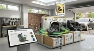 Illustration of a Britax 360-degree rotating car seat turned towards the vehicle door to help parents buckle in their toddler easily.