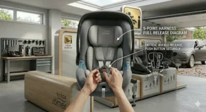 Close-up illustration of the adjustable 5-point safety harness and protective chest pads on a Britax infant car seat.