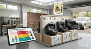 Chart explaining UK i-Size regulations and height limits for different Britax car seat models from birth to 12 years.