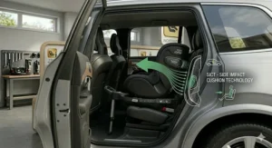Diagram demonstrating the Britax Side Impact Cushion Technology (SICT) reducing crash forces on a child car seat.