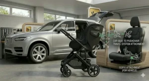 A Britax infant car seat attached to a compatible pushchair chassis, creating an integrated travel system for UK parents.