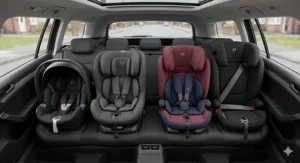 Alt text for image 2: Four different stages of child car seats, from a newborn infant carrier to a high-back booster, arranged across the back seat of a British estate car to illustrate size and category progression.