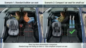 Top-down view showing a car seat for a small car that doesn't compromise driver or passenger legroom.
