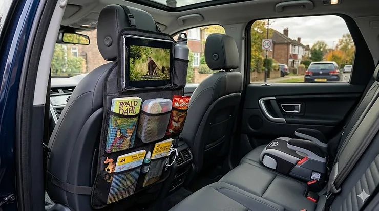 Alt text for image 1: A multi-pocket car seat organiser attached to the back of a front seat in a family car, keeping travel essentials tidy. car seat organiser
