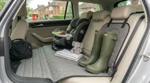 Clean, heavy-duty grey fabric car seat cover protecting light cream upholstery from everyday wear, child seats, and clean wellington boots.