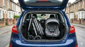 An infant carrier and folded pushchair frame fitting neatly inside a small car boot.