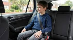 Close-up of a car seat belt positioned centrally over a child's shoulder and across the pelvis while using a backless booster cushion.