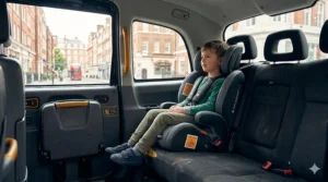 Diagram showing the correct diagonal seat belt fit on a child using an inflatable booster seat to meet UK safety standards.
