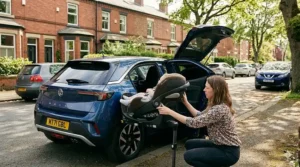 The mother's hands are shown rotating the Cybex Cloud T i-Size car seat towards the side of the blue Vauxhall Mokka hatchback for easier access, demonstrating the 180-degree rotation mechanism on the Cybex Base T.
