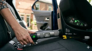 A close-up view looking down into the footwell of the blue Vauxhall Mokka, capturing the Cybex Base T ISOFIX connectors clearly and securely clicking into the vehicle's standard ISOFIX points, with green safety indicators visible.