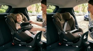 A vertical split comparison showing the Cybex Pallas G i-Size car seat with its impact shield for a toddler on the left and converted to a high-back booster for an older child on the right.