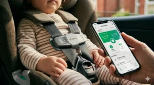 A tightly focused macro close-up of the chest harness of a Cybex car seat with the SensorSafe safety clip securely fastened.