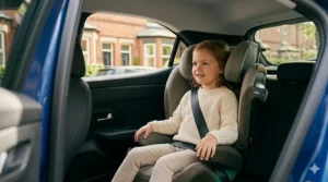 A 6-year-old British girl with hair similar to the mother's sits in a Cybex Solution G i-Size high-back booster seat, wearing the adult 3-point seatbelt correctly positioned.