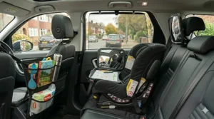 A durable car seat protector mat installed under a child's seat to prevent upholstery damage and keep the car interior clean.