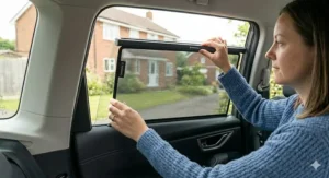 The simple mechanism of a retractable car window sunshade for baby being pulled down over a car window.