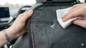 Alt text for image 4: A person wiping down a muddy footprint from a wipe-clean car seat organiser with a cloth after a day out.