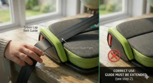 Illustration highlighting the UK safety regulation labels for car booster seats, ensuring legal compliance.