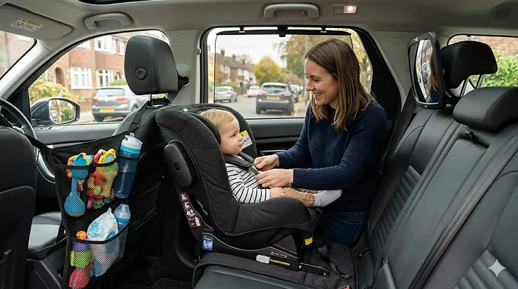 A family car interior featuring essential car seat accessories like a backseat organiser and sunshades for comfortable UK travel. essential car seat accessories