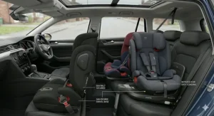 Alt text for image 4: An interior comparison of rear-facing and forward-facing child seats in a vehicle, highlighting a three hundred and sixty degree swivel base rotated toward the open side door for easy loading.