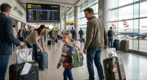 A family walking through a UK airport terminal with a travel booster seat clipped onto their hand luggage.