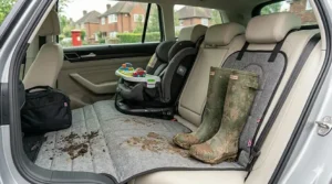 Full-row grey rear seat protector accommodating a forward-facing child safety seat alongside muddy wellies and travel accessories.