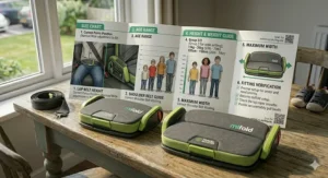 A size guide illustration showing the appropriate height and weight for a child using a Group 2 or 3 booster seat.