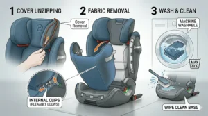 Infographic guide illustrating the high back booster seat with ISOFIX fitting in different car types popular in the UK, from hatchbacks to 7-seater SUVs.