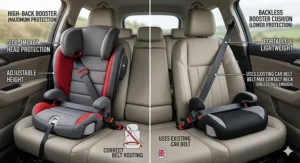 Side-by-side comparison of a high-back booster seat providing side-impact protection versus a backless booster cushion.