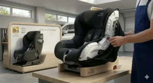 Graphic showing how to remove the machine-washable fabric cover from a Britax car seat for easy cleaning.