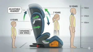 A close-up view of the mandatory orange i-Size ECE R129 regulation label on the booster seat base, confirming compliance with UK safety standards.