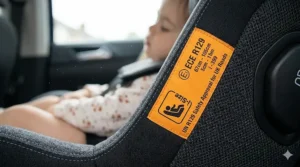 Close-up of the orange ECE R129 i-Size safety approval label required for UK road use.