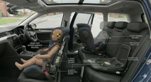 Alt text for image 5: A vehicle interior view showing safety features with a crash test dummy positioned in a car seat alongside structural text callouts describing five-point harnesses and safety retraction systems.