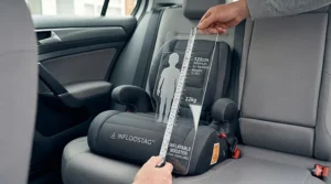 A young child sitting safely on an inflatable booster seat inside a UK taxi, demonstrating ease of use for hire cars.