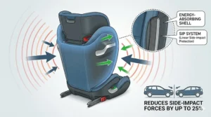 Technical diagram illustrating how rigid ISOFIX connectors secure a high back booster seat into a vehicle's anchor points, showing the green safety indicator.