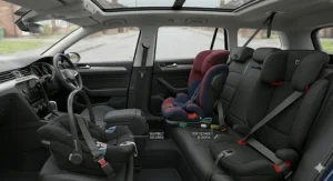 Alt text for image 3: A wide interior view of a car cabin detailing an infant carrier secured by a seatbelt on the front passenger seat next to ISOFIX and top-tether installations on the rear seats.