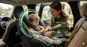 Close-up illustration of a Joie car seat base being clicked into the ISOFIX points of a UK family hatchback.