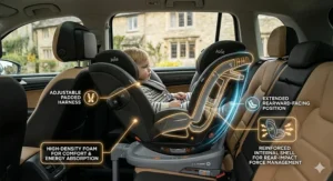 A detailed view of the plush padded newborn insert inside a Joie infant car seat for maximum comfort and safety.
