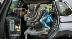 Illustration showing the 360-degree swivel action of a Joie Spin car seat, making it easier to load a child from the pavement side.