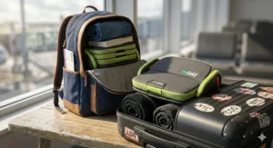 Compact folding travel booster seat shown collapsed for easy storage in a suitcase or rucksack.