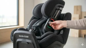 The interior of a Maxi-Cosi baby car seat showing the removable newborn inlay and padded harness for infant comfort.