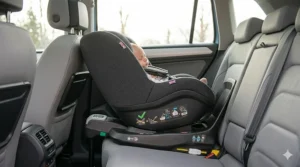 A toddler sitting comfortably in a rear-facing Maxi-Cosi car seat, following UK safety recommendations for extended rear-facing travel.