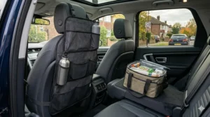 Alt text for image 8: A detailed view of various mesh and fabric pockets on a car seat organiser designed for holding small travel items.