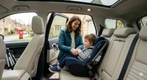 Technical illustration demonstrating the Nuna car seat’s 360-degree rotation feature. The navy blue seat is mid-swivel, turning toward the open vehicle door, with soft green light trails outlining the smooth rotational path.