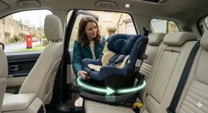 A detailed schematic disassembly guide of the Nuna car seat padding. The multi-layered newborn insert, head support cushion, and energy-absorbing side foam wedges are shown detaching, with green glowing lines indicating precise fit points within the navy blue shell.