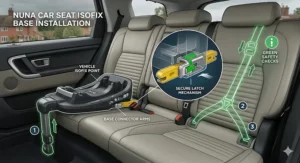 Close-up illustration detail of a Nuna car seat base, highlighting the yellow ISOFIX connectors securely latched onto the vehicle's anchor points, with a green visual indicator confirming correct installation on beige leather seats.