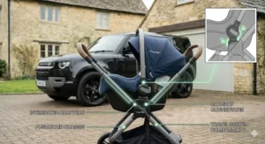 Technical illustration of the Nuna car seat sun canopy and Dream Drape extension. The diagrams show multi-stage coverage, from retracted to full privacy, with integrated UPF 50 plus canopy and silent magnet attachments highlighted.