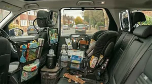 A portable car seat travel tray with built-in storage, used by a child for drawing and eating snacks during travel.