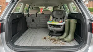 Versatile car seat protector mat deployed across a spacious car boot floor, keeping the carpet immaculate from muddy boots and child safety seat base equipment.