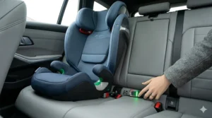 Illustrated three-step guide showing how to remove, machine wash, and clean the fabric covers of the high back booster seat.