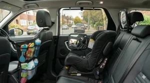 Retractable car window sun shades fitted to a vehicle window to provide UV protection and keep the interior cool for a child.